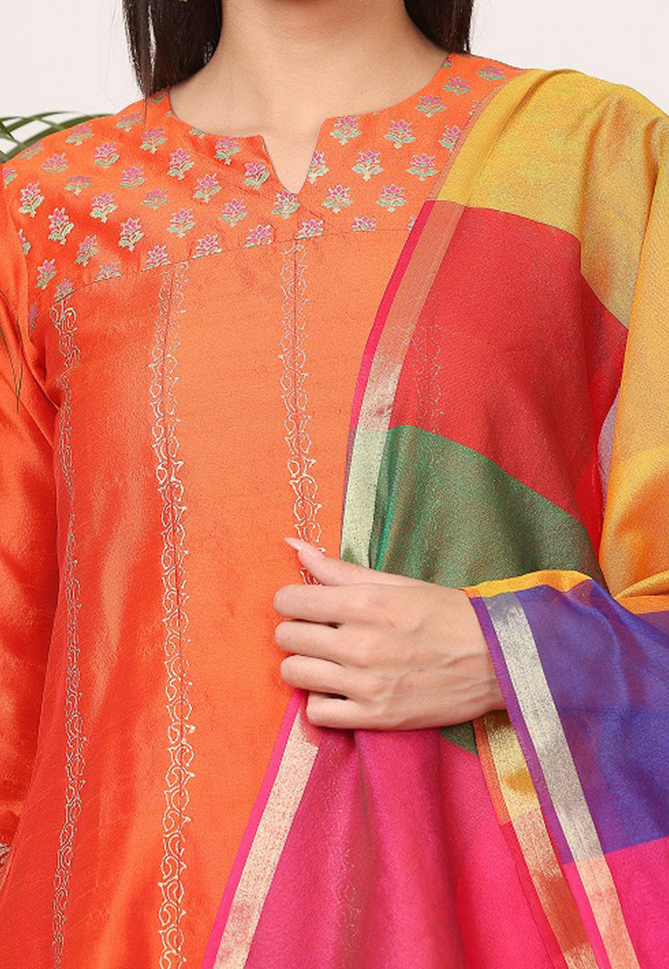 Orange Silk Readymade Churidar Suit