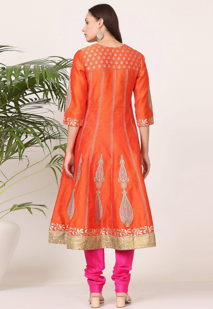 Orange Silk Readymade Churidar Suit