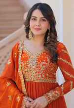 Load image into Gallery viewer, Orange Silk Readymade Long Anarkali Suit
