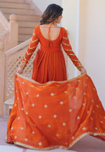 Load image into Gallery viewer, Orange Silk Readymade Long Anarkali Suit
