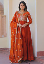 Load image into Gallery viewer, Orange Silk Readymade Long Anarkali Suit
