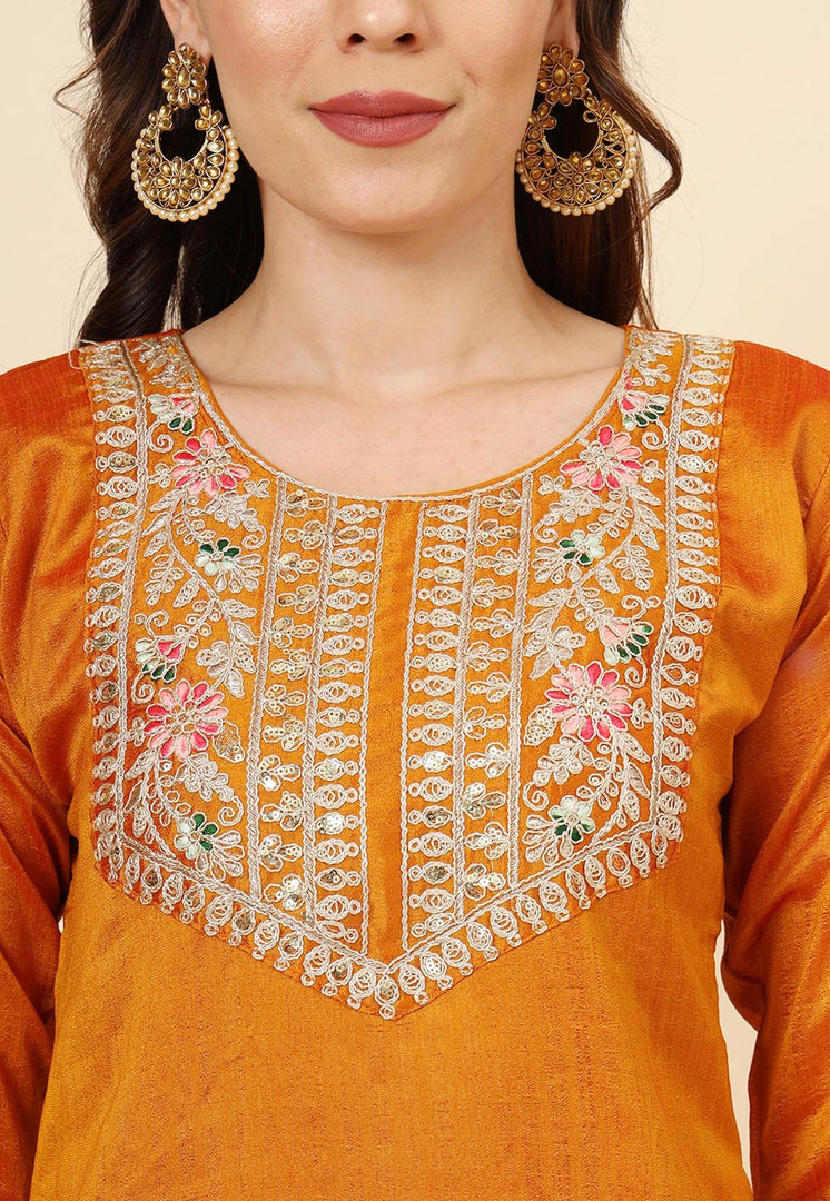 Orange Silk Readymade Pant Style Suit