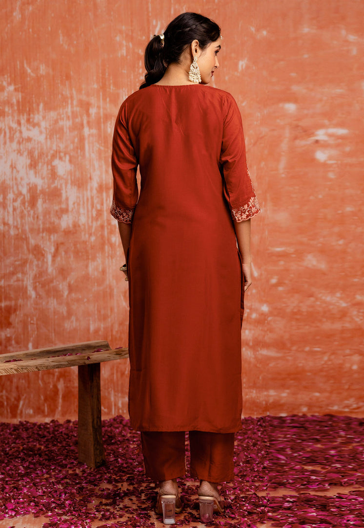 Orange Silk Readymade Pant Style Suit