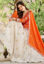 Load image into Gallery viewer, Orange Tissue Silk Readymade Indo Western Lehenga Choli
