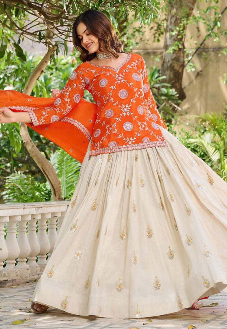 Orange Tissue Silk Readymade Indo Western Lehenga Choli