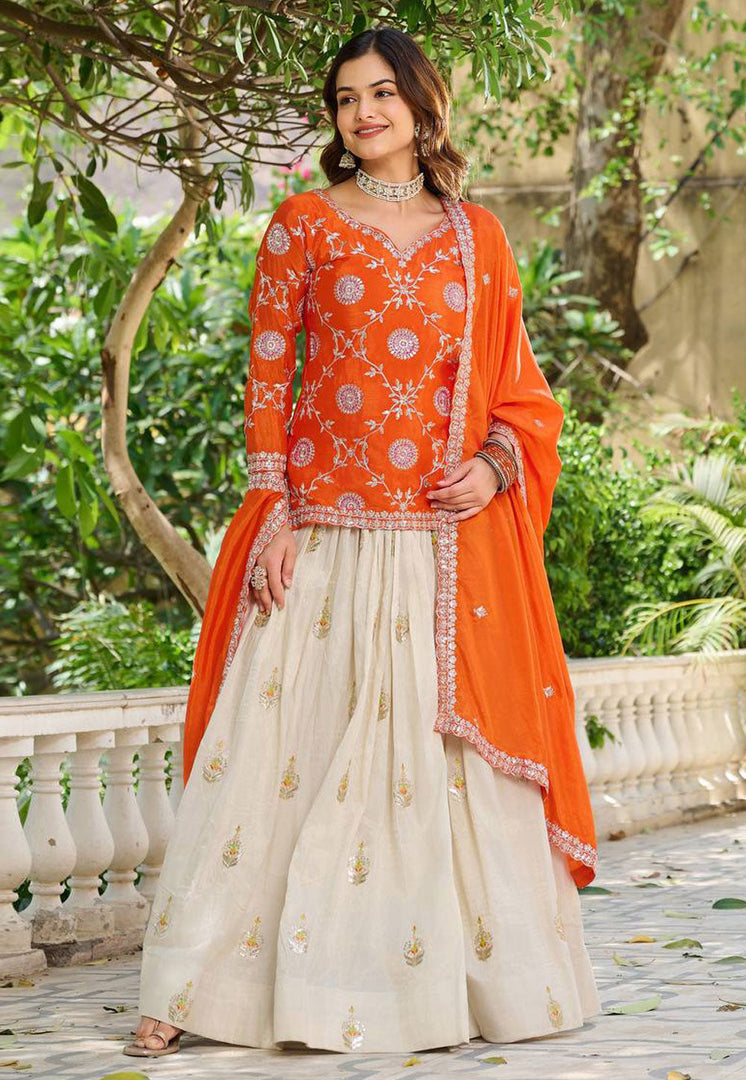 Orange Tissue Silk Readymade Indo Western Lehenga Choli