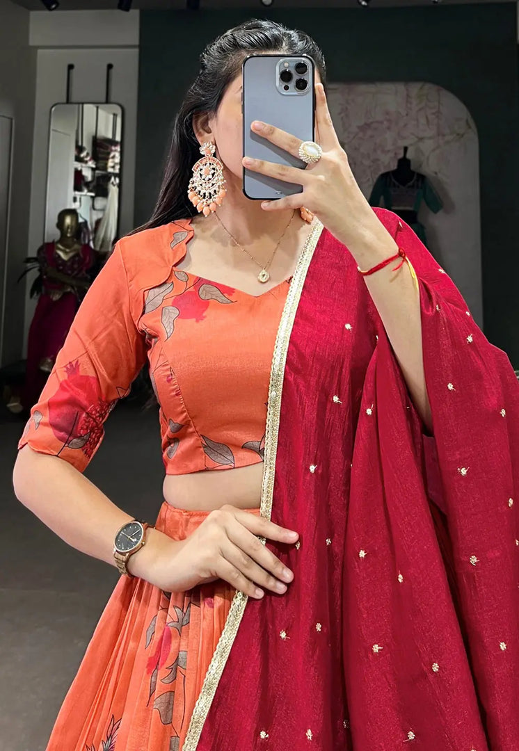Orange Tussar Silk Floral Lehenga choli