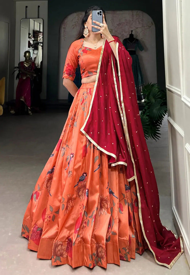 Orange Tussar Silk Floral Lehenga choli