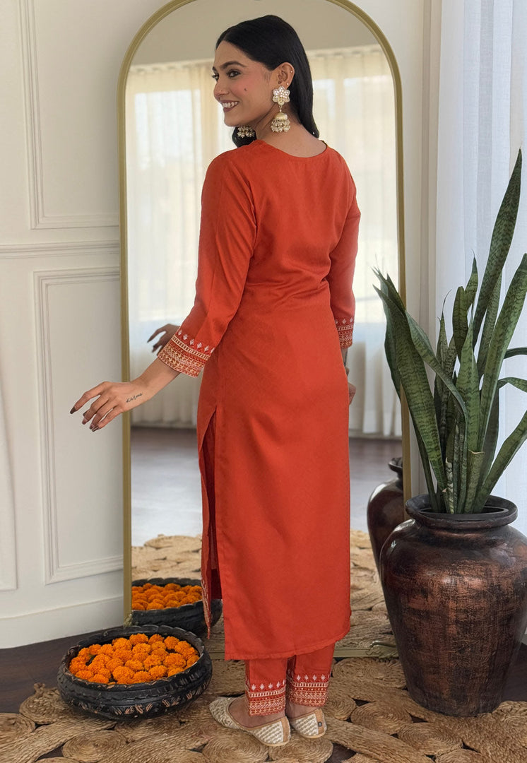 Orange Viscose Rayon Readymade Pant Style Suit