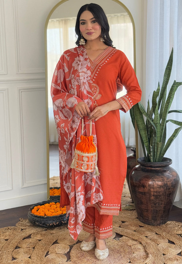 Orange Viscose Rayon Readymade Pant Style Suit
