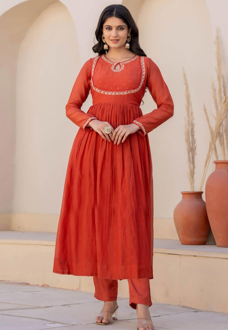 Orange Viscose Readymade Anarkali Suit