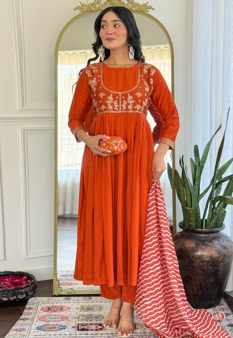 Orange Viscose Readymade Anarkali Suit