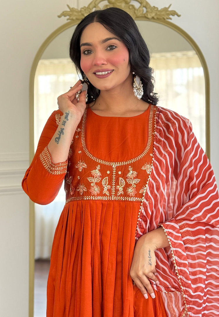 Orange Viscose Readymade Anarkali Suit