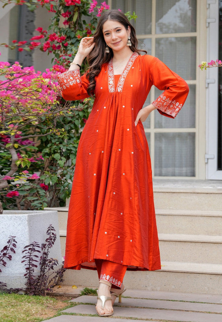 Orange Viscose Readymade Anarkali Suit