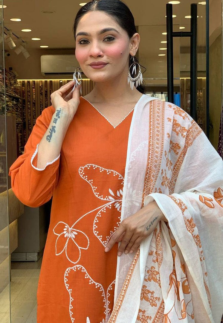 Orange Viscose Readymade Pant Style Suit