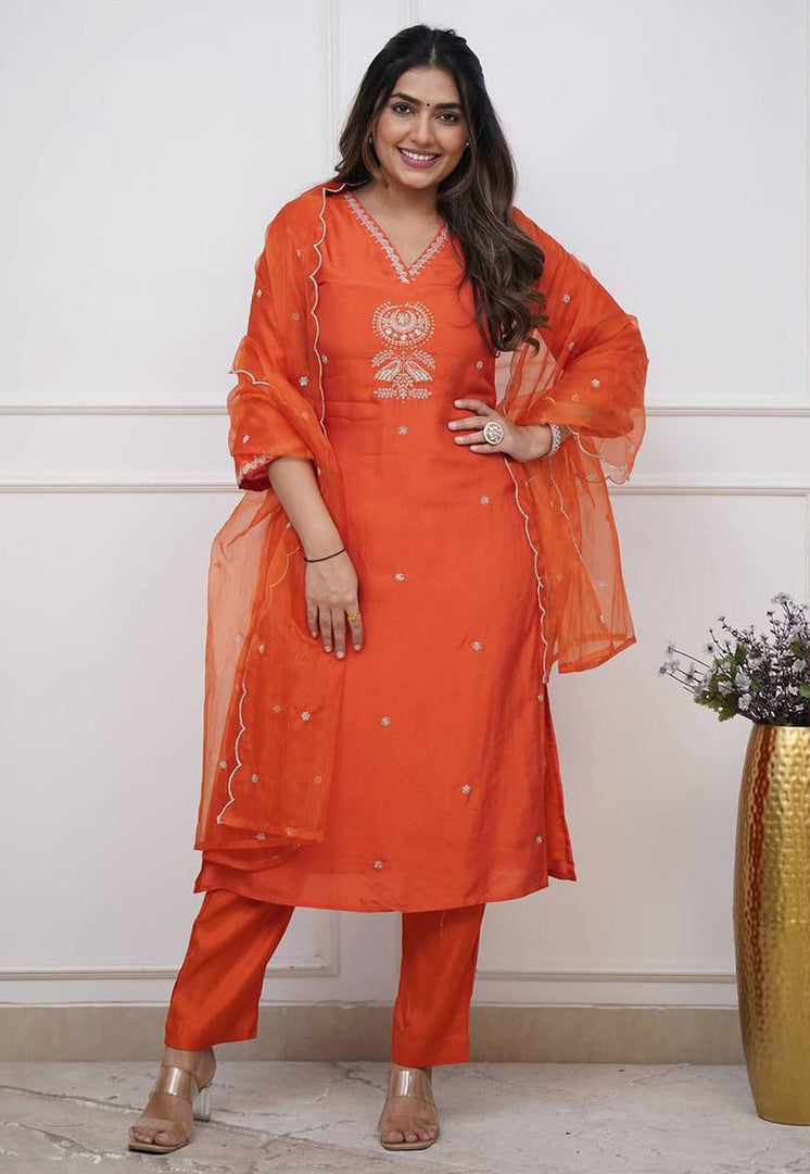 Orange Viscose Readymade Pant Style Suit