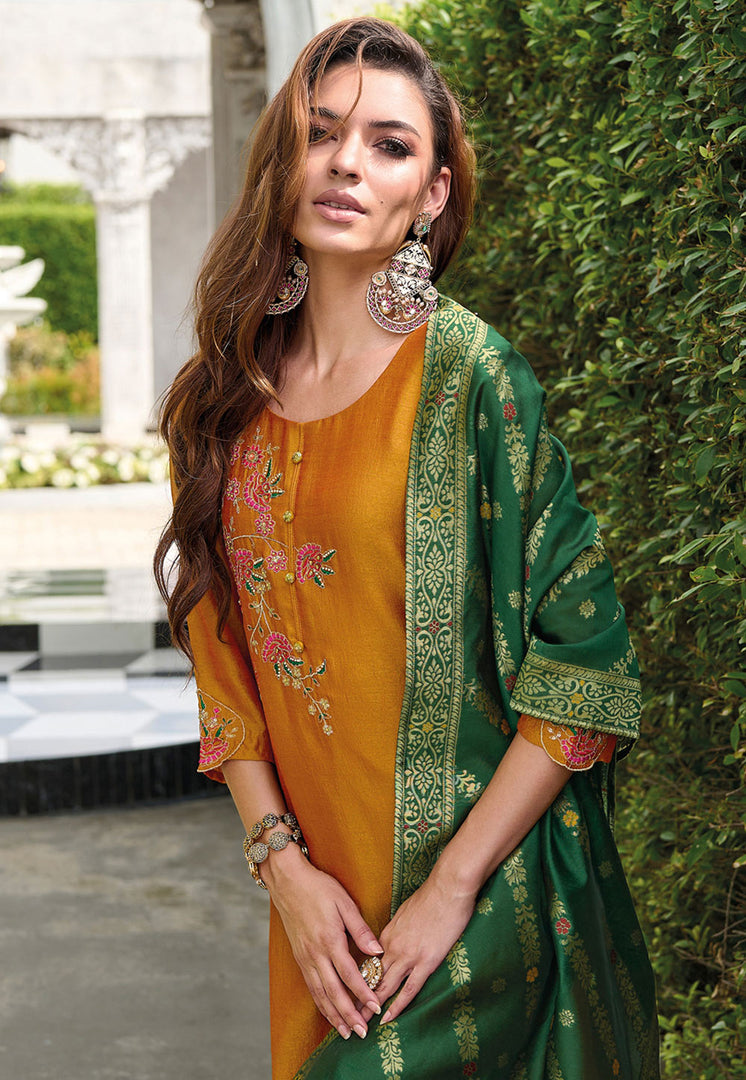Orange Viscose Readymade Pant Style Suit