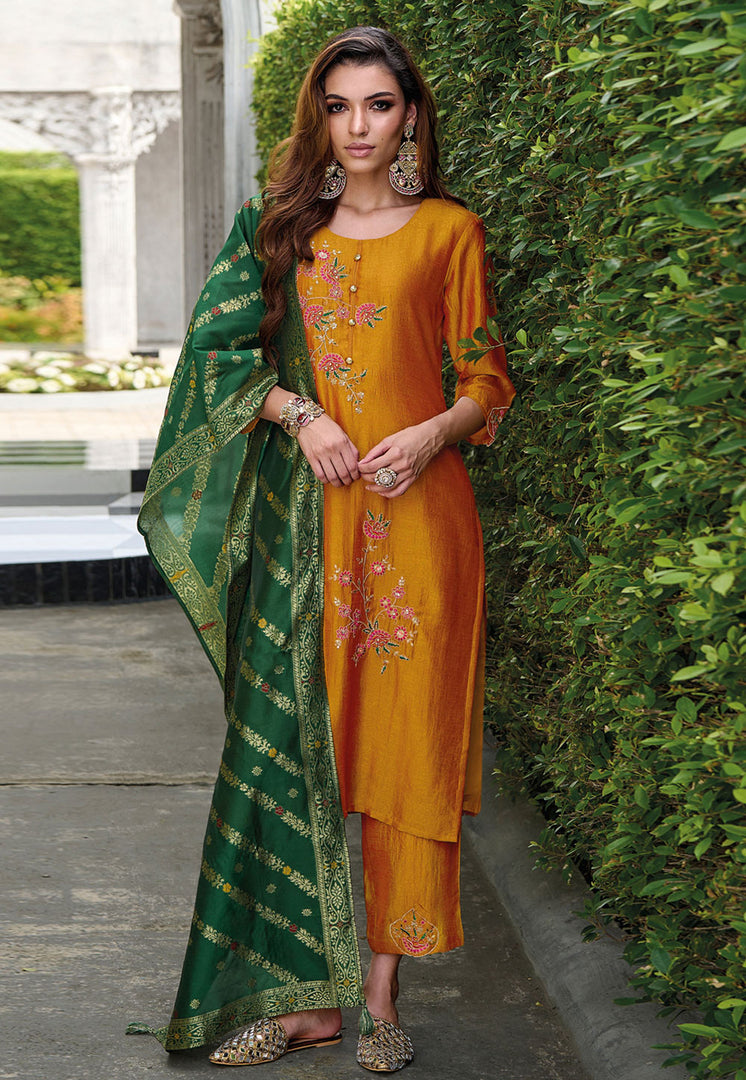 Orange Viscose Readymade Pant Style Suit