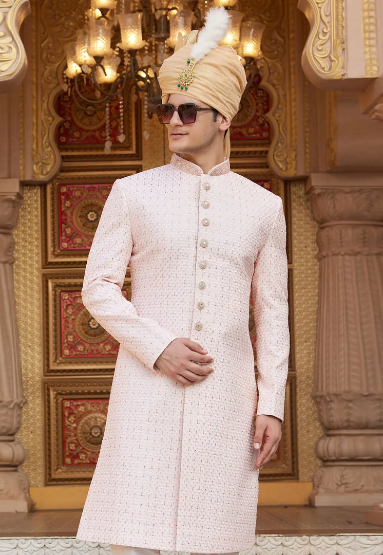 Peach Art Silk Achkan Style Sherwani