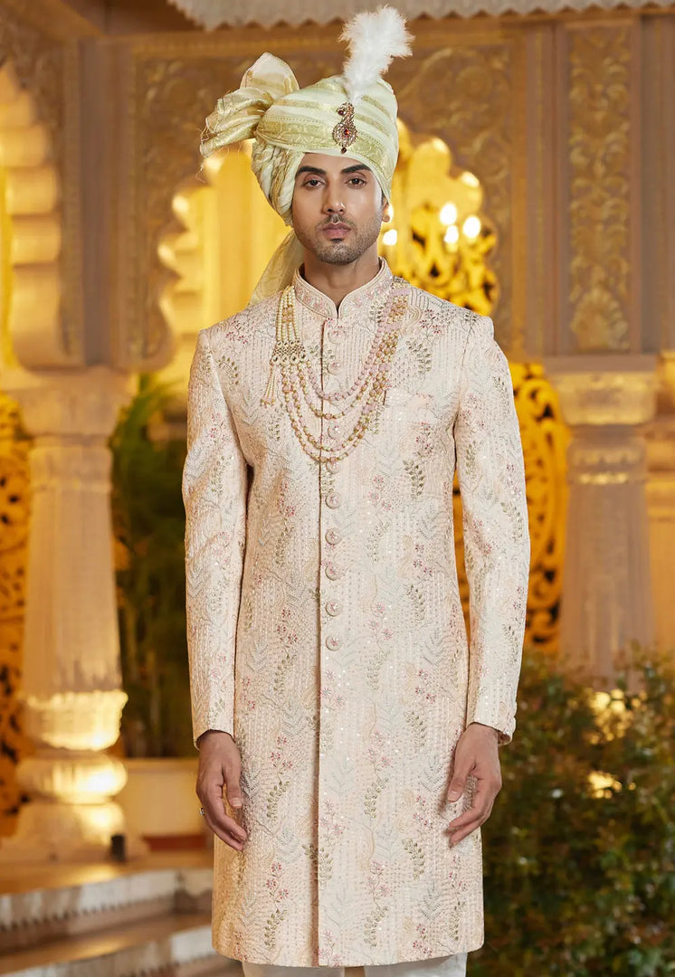 Peach Art Silk Achkan Style Sherwani With Stole