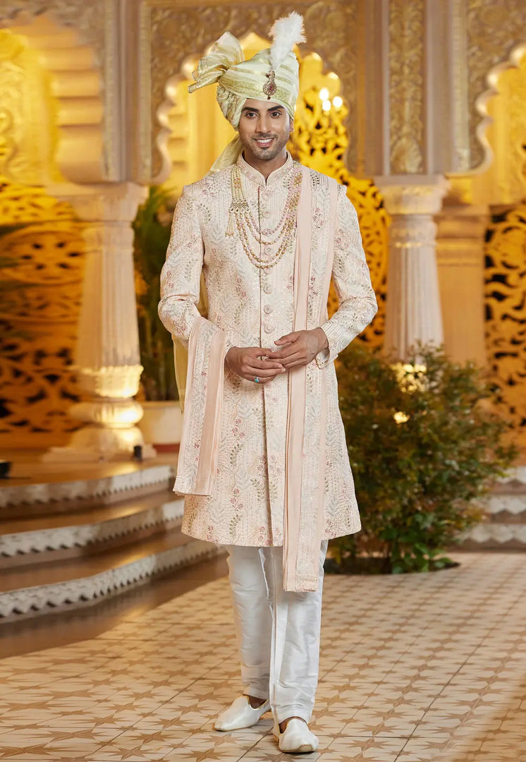 Peach Art Silk Achkan Style Sherwani With Stole