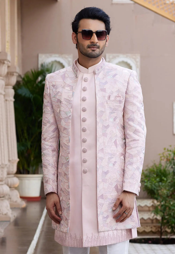 Peach Art Silk Jacket Style Sherwani