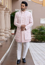Load image into Gallery viewer, Peach Art Silk Jacket Style Sherwani
