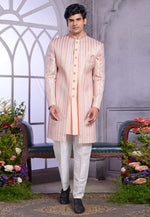 Load image into Gallery viewer, Peach Art Silk Jacket Style Sherwani
