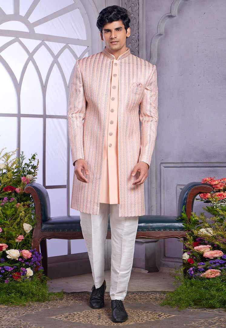 Peach Art Silk Jacket Style Sherwani