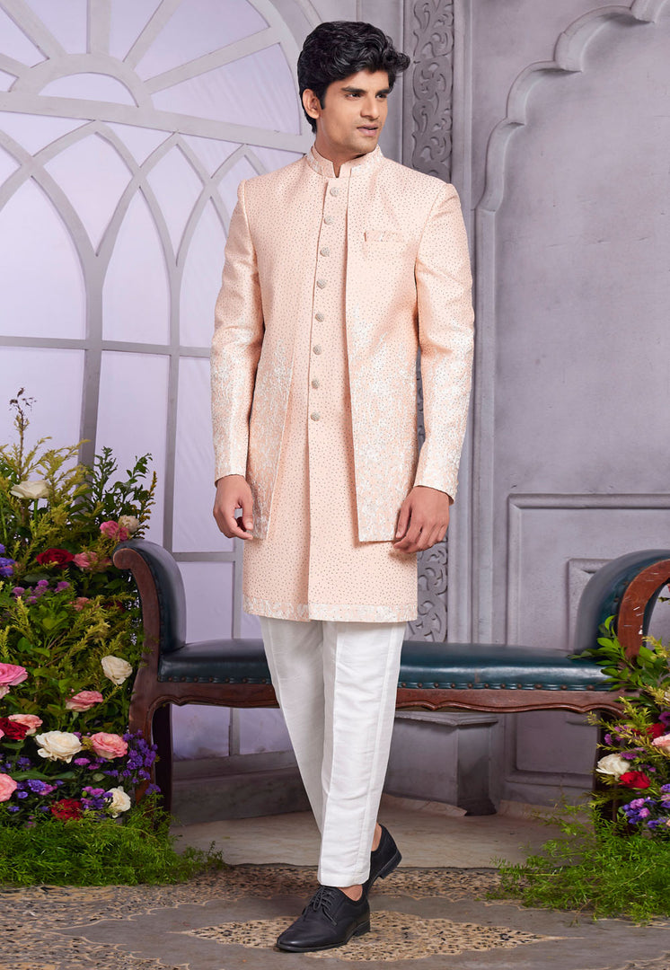 Peach Art Silk Jacket Style Sherwani