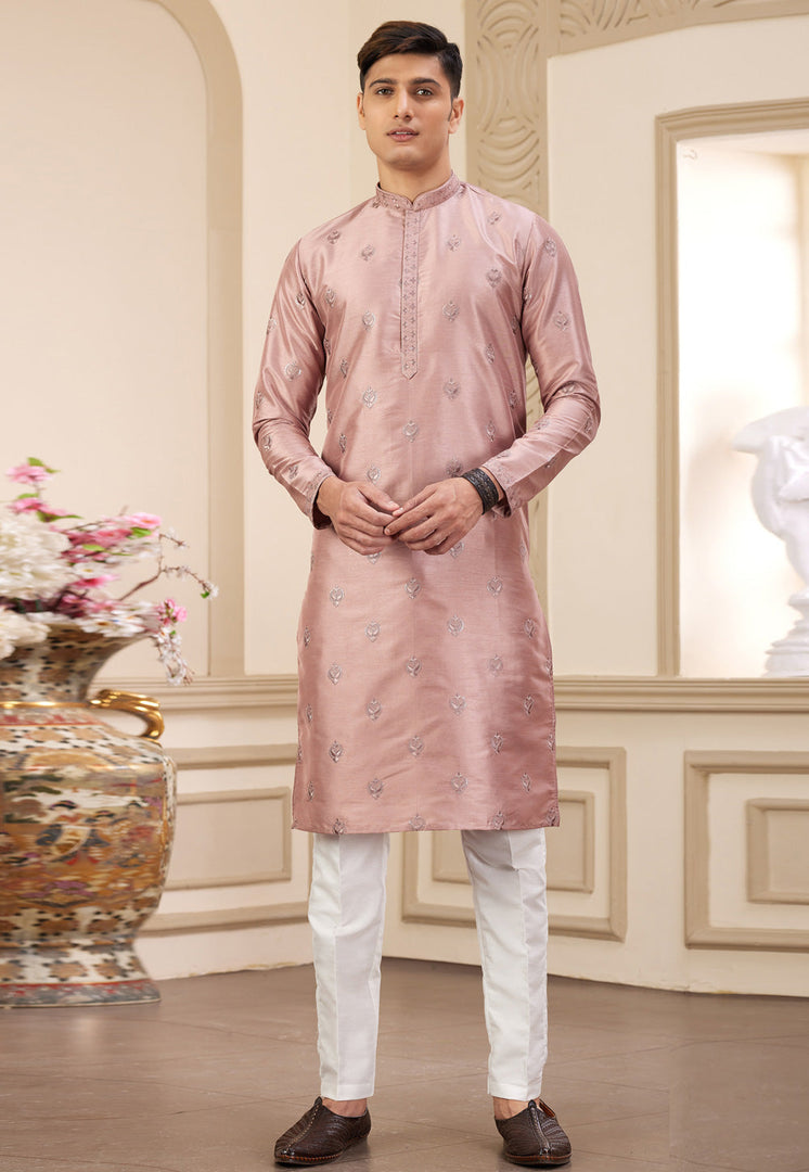 Peach Art Silk Kurta Pajama