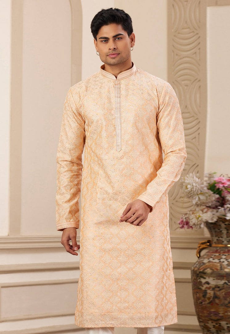 Peach Art Silk Kurta Pajama