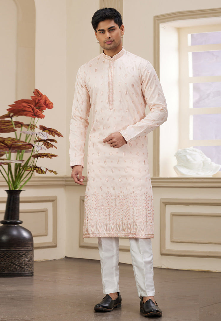 Peach Art Silk Kurta Pajama