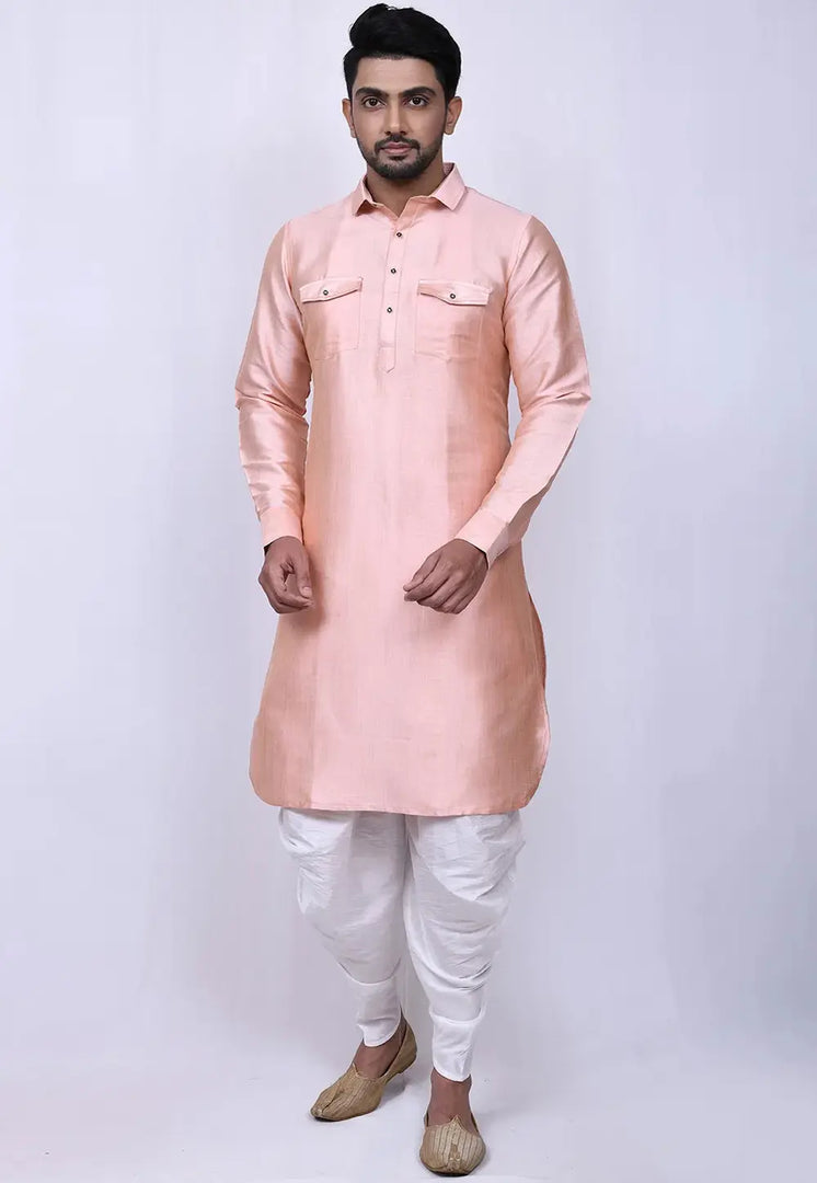 Peach Art Silk Pathani Suit