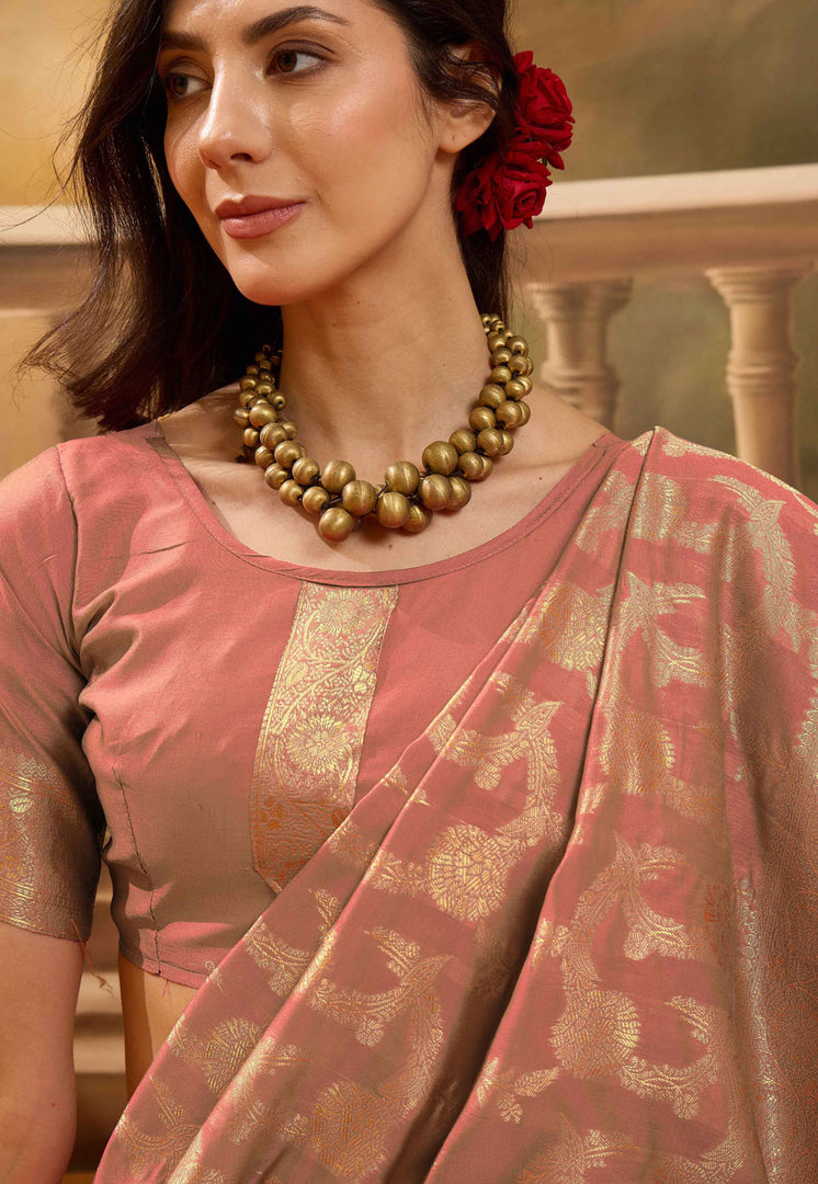 Peach Banarasi Jacquard Saree With Blouse
