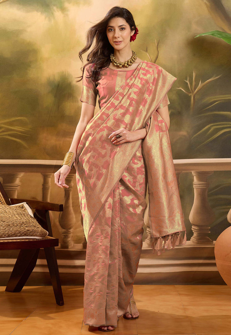 Peach Banarasi Jacquard Saree With Blouse