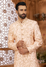 Load image into Gallery viewer, Peach Banarasi Silk Indo Western Sherwani
