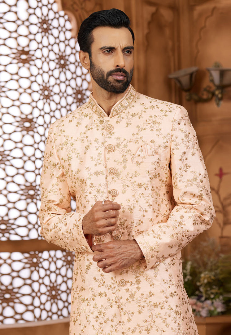 Peach Banarasi Silk Indo Western Sherwani