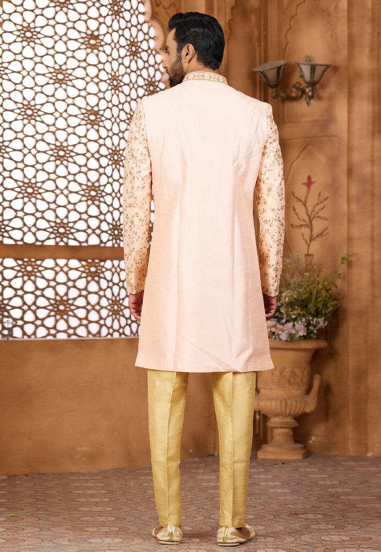 Peach Banarasi Silk Indo Western Sherwani