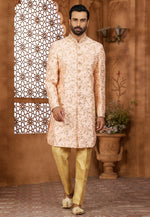 Load image into Gallery viewer, Peach Banarasi Silk Indo Western Sherwani
