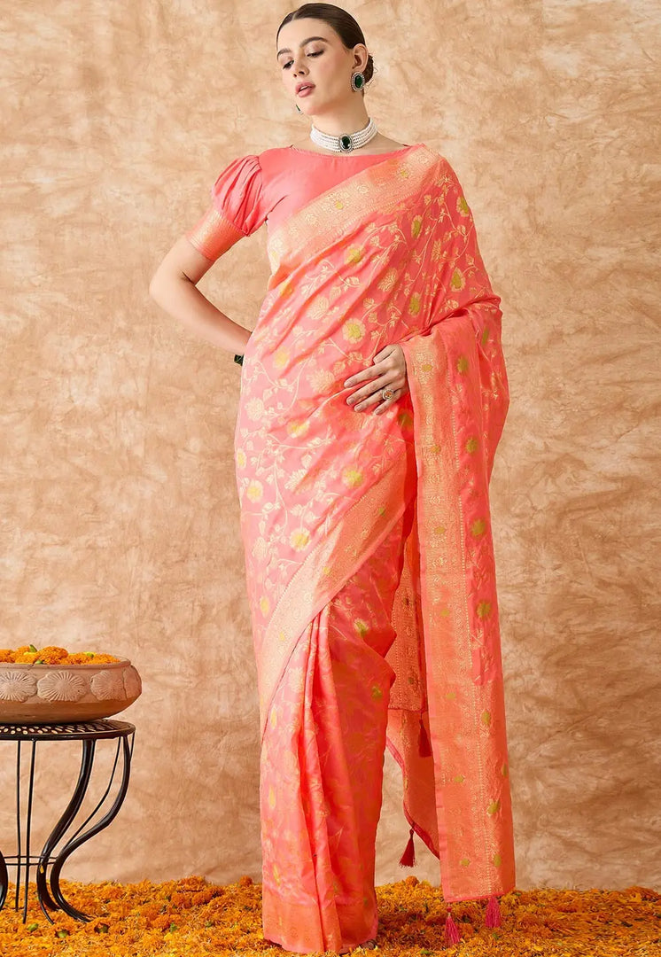 Peach Banarasi Silk Saree