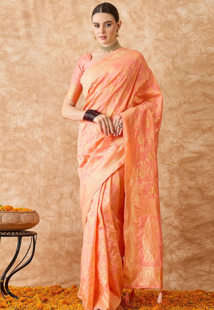 Peach Banarasi Silk Saree With Blouse