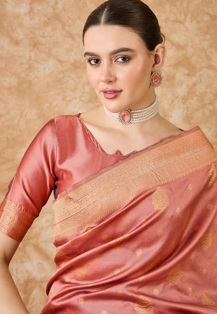 Peach Banarasi Silk Saree With Blouse