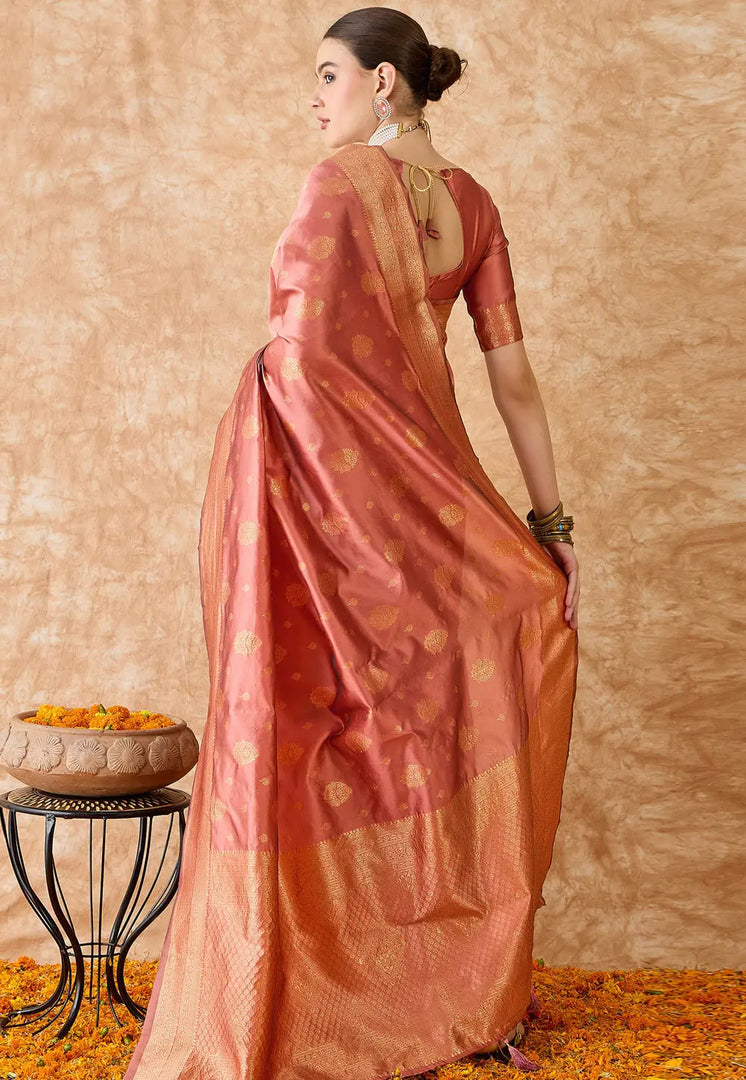 Peach Banarasi Silk Saree With Blouse