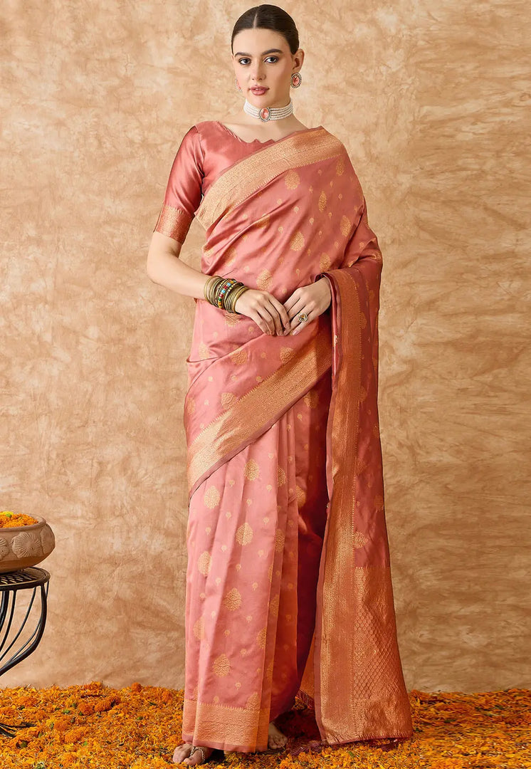 Peach Banarasi Silk Saree With Blouse