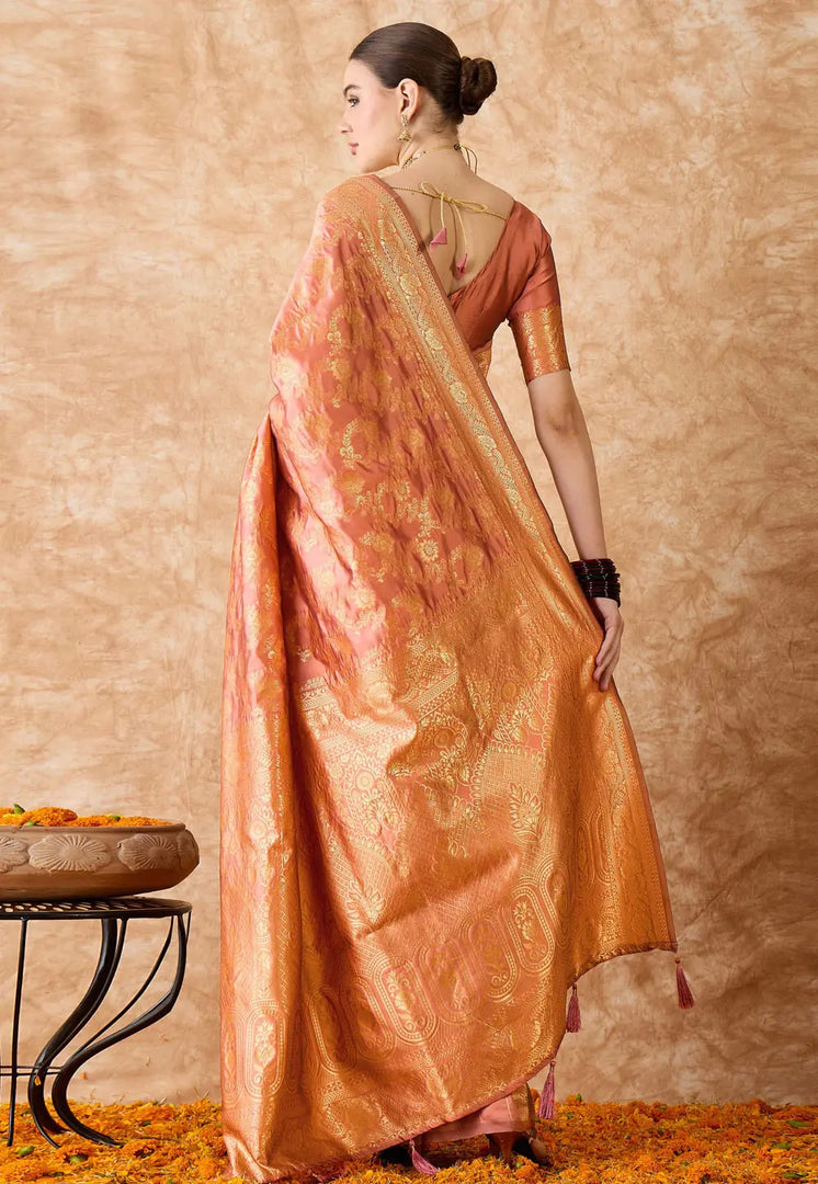 Peach Banarasi Silk Saree With Blouse