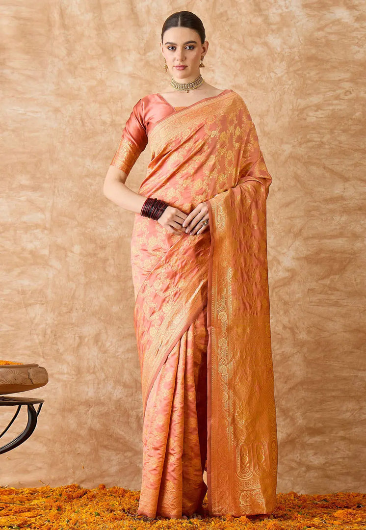 Peach Banarasi Silk Saree With Blouse