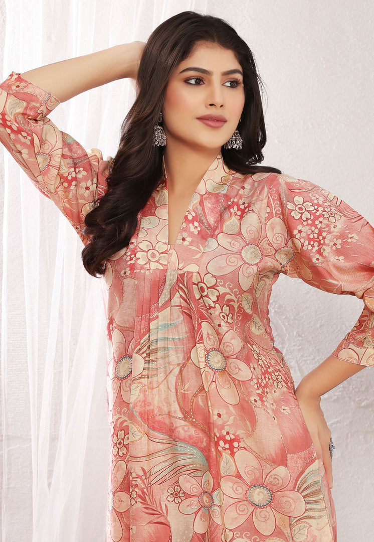 Peach Chanderi Kurta Set With Pant