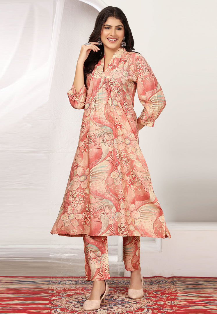 Peach Chanderi Kurta Set With Pant