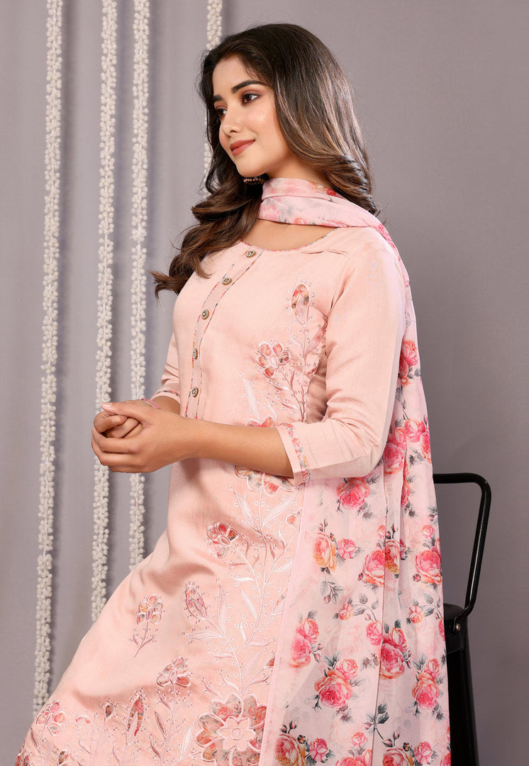 Peach Chanderi Readymade Pant Style Suit